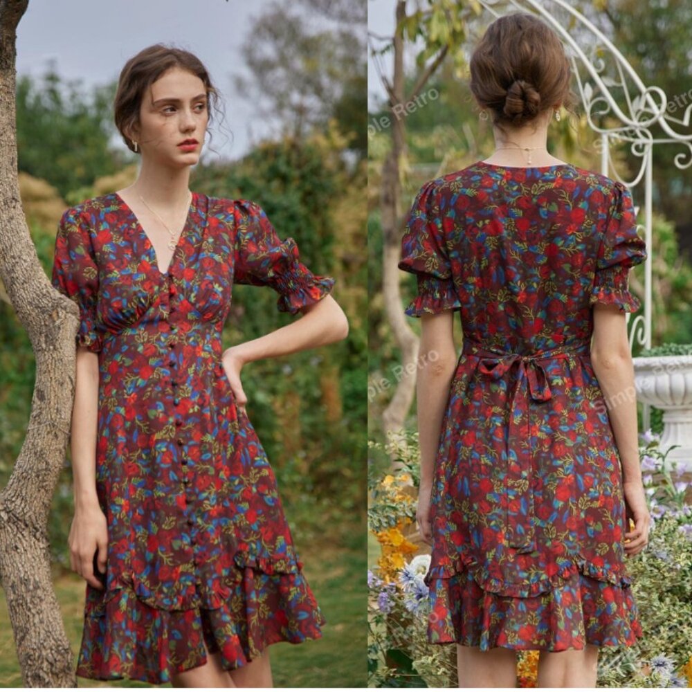 SIMPLE RETRO Kora Ruffle Floral Printed Mini Dress Dark Red Size S